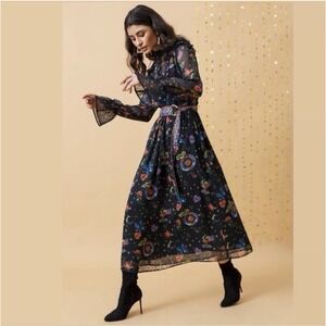 Emily Lovelock Mystic Night Celestial Print Maxi Dress Sheer Sleeve Belted Sz L